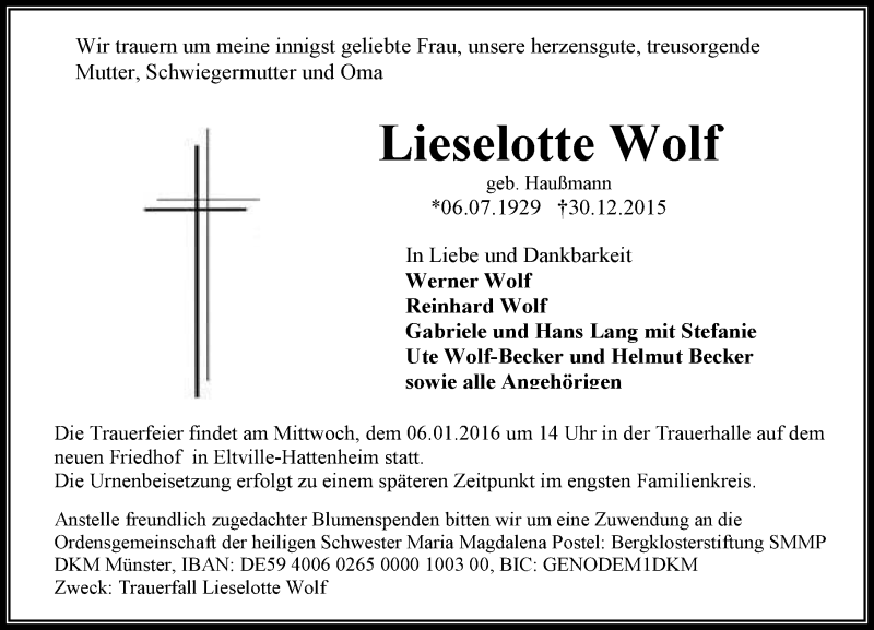  Traueranzeige für Lieselotte Wolf vom 04.01.2016 aus  Allgemeine Zeitung Mainz