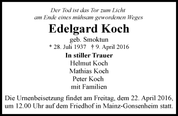 Traueranzeige von Edelgard Koch von  Allgemeine Zeitung Mainz
