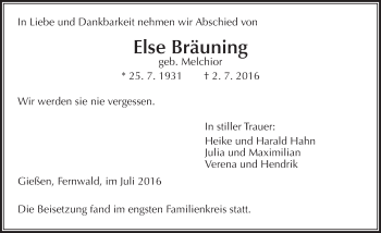 Traueranzeige von Else Bräuning von  Gießener Anzeiger