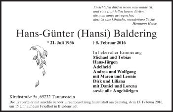 Traueranzeige von Hans-Günter Baldering von  Wiesbaden komplett