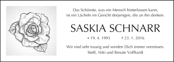 Traueranzeige von Saskia Schnarr von  Kreisanzeiger