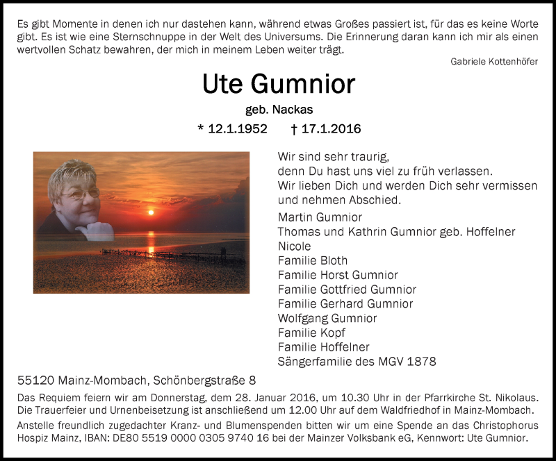  Traueranzeige für Ute Gumnior vom 23.01.2016 aus  Allgemeine Zeitung Mainz