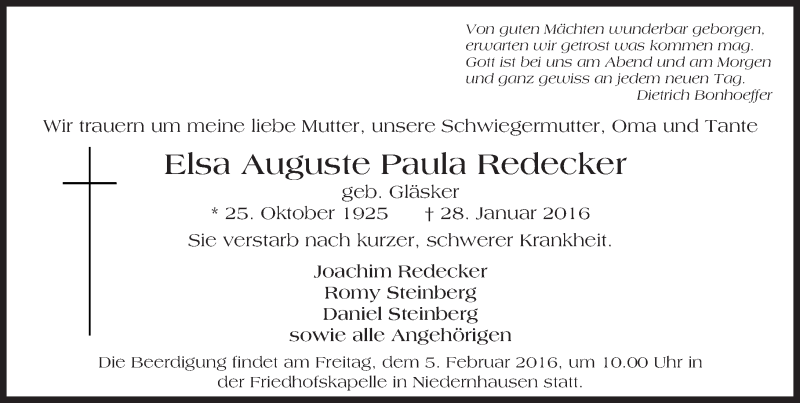  Traueranzeige für Elsa Auguste Paula Redecker vom 03.02.2016 aus  Wiesbaden komplett