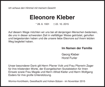 Traueranzeige von Eleonore Kleber von  Wormser Zeitung