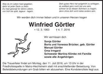 Traueranzeige von Winfried Görtler von Trauerportal Rhein Main Presse