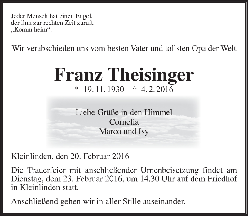  Traueranzeige für Franz Theisinger vom 20.02.2016 aus  Gießener Anzeiger