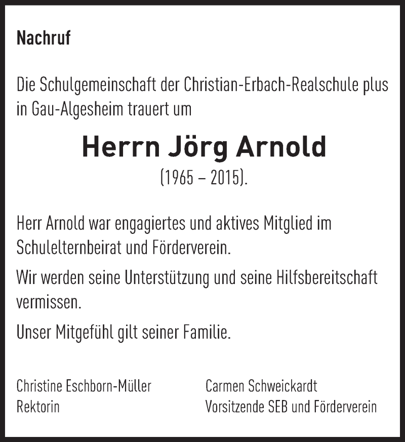  Traueranzeige für Jörg Arnold vom 13.01.2016 aus trauer.rmp.de