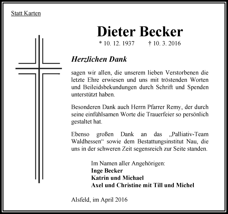  Traueranzeige für Dieter Becker vom 23.04.2016 aus  OK Oberhessen Kurier
