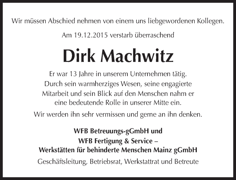  Traueranzeige für Dirk Machwitz vom 09.01.2016 aus trauer.rmp.de