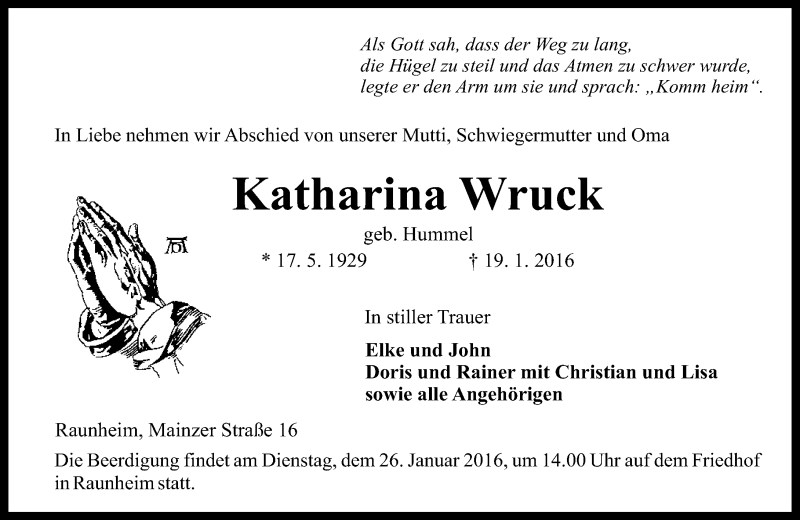  Traueranzeige für Katharina Wruck vom 23.01.2016 aus  Mainspitze