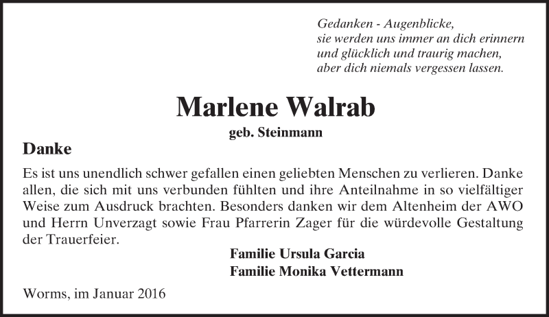  Traueranzeige für Marlene Walrab vom 19.01.2016 aus  Wormser Zeitung