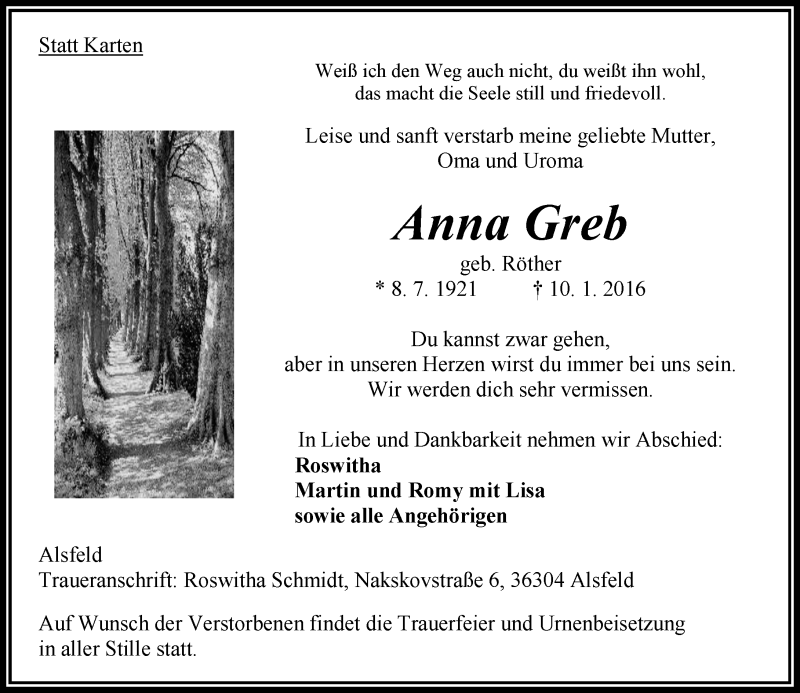  Traueranzeige für Anna Greb vom 16.01.2016 aus VRM Trauer