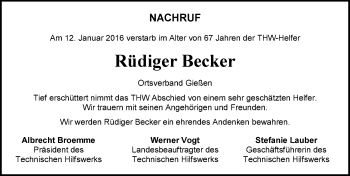 Traueranzeige von Rüdiger Becker von  Gießener Anzeiger