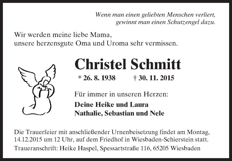  Traueranzeige für Christel Schmitt vom 12.12.2015 aus  Wiesbaden komplett