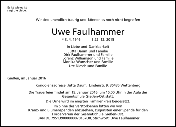 Traueranzeige von Uwe Faulhammer von  Gießener Anzeiger