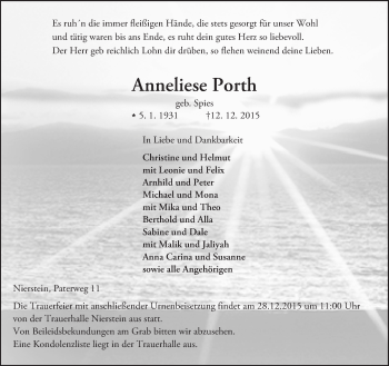 Traueranzeige von Anneliese Porth von  Landskrone
