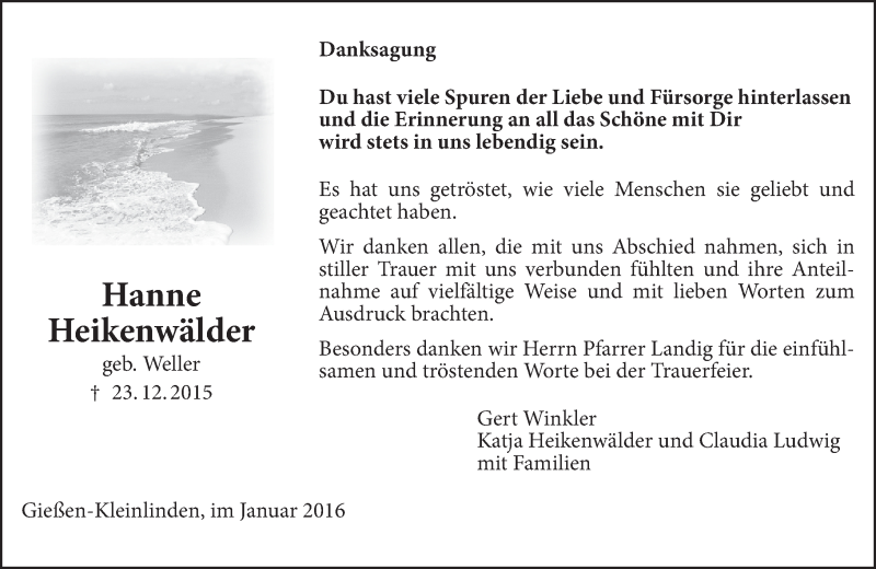  Traueranzeige für Hanne Heikenwälder vom 30.01.2016 aus  Gießener Anzeiger
