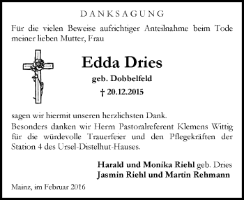 Traueranzeige von Edda Dries von  Allgemeine Zeitung Mainz