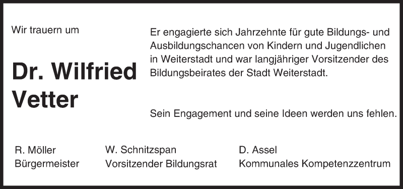  Traueranzeige für Wilfried Vetter vom 08.07.2016 aus Trauerportal Echo Online