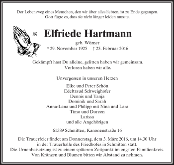 Traueranzeige von Elfriede Hartmann von  Usinger Anzeiger