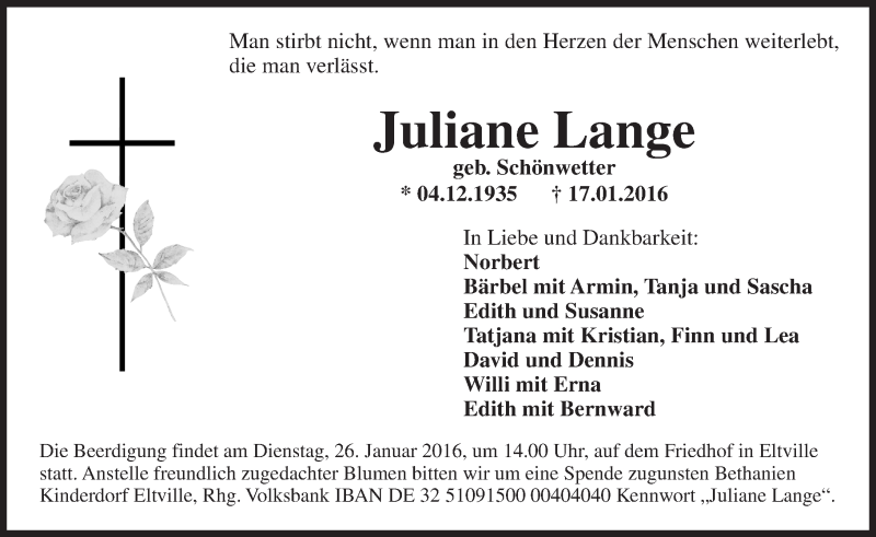  Traueranzeige für Juliane Lange vom 21.01.2016 aus  Rheingau