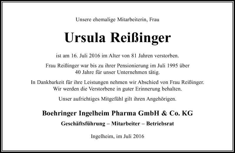  Traueranzeige für Ursula Reißinger vom 30.07.2016 aus Trauerportal Rhein Main Presse