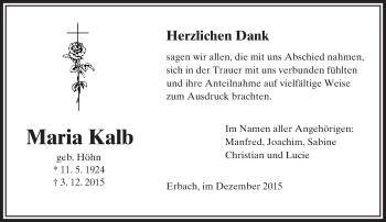 Traueranzeige von Maria Kalb von  Camberger Anzeiger
