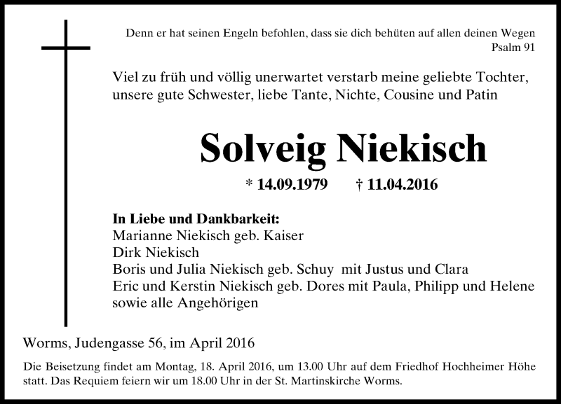  Traueranzeige für Solveig Niekisch vom 14.04.2016 aus  Wormser Zeitung
