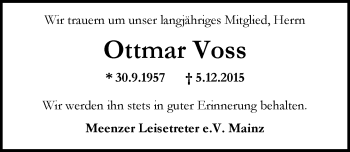 Traueranzeige von Ottmar Voss von  Allgemeine Zeitung Mainz