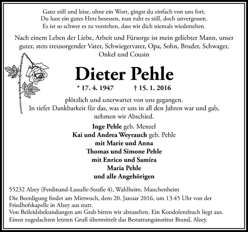  Traueranzeige für Dieter Pehle vom 18.01.2016 aus  Allgemeine Zeitung Alzey