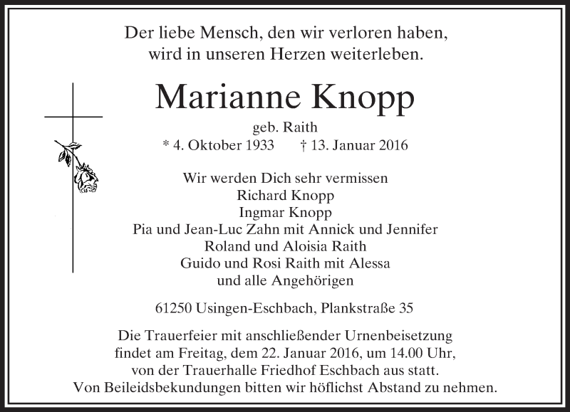  Traueranzeige für Marianne Knopp vom 16.01.2016 aus  Usinger Anzeiger