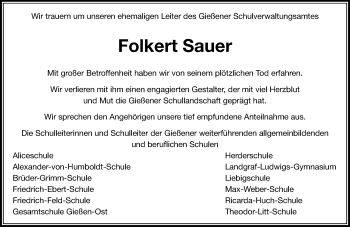 Traueranzeige von Folkert Sauer von  Gießener Anzeiger