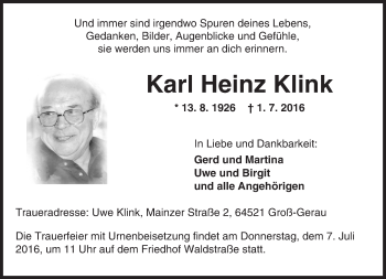 Traueranzeige von Karl Heinz Klink von Trauerportal Echo Online