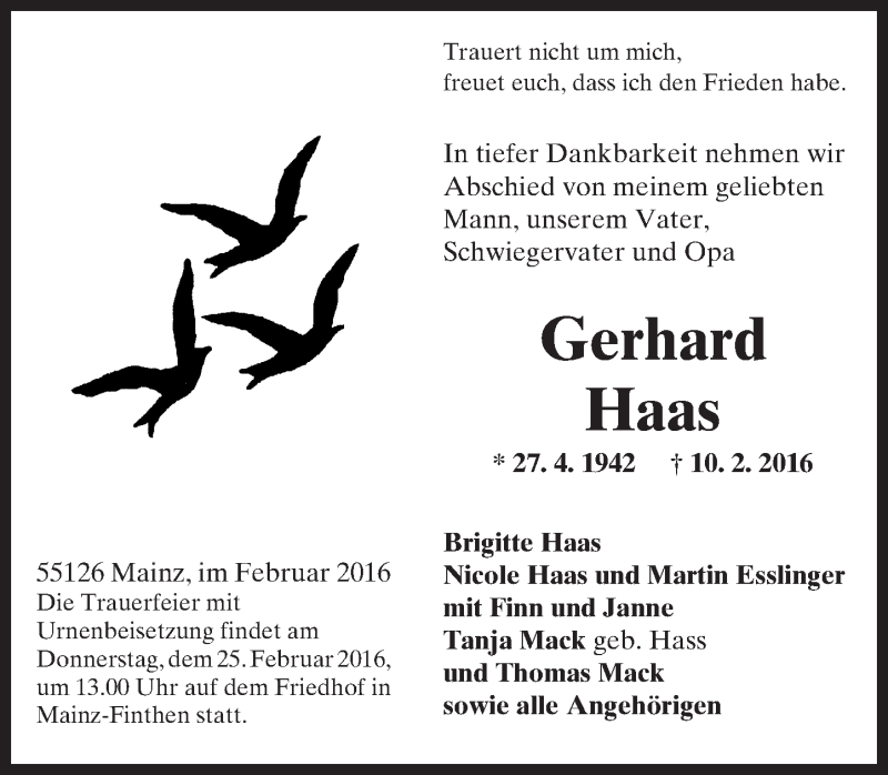  Traueranzeige für Gerhard Haas vom 13.02.2016 aus  Allgemeine Zeitung Mainz