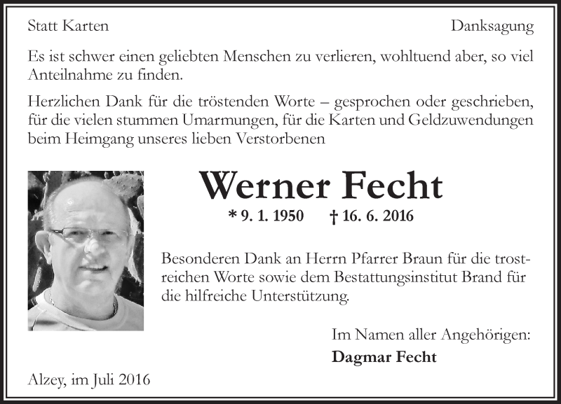  Traueranzeige für Werner Fecht vom 06.07.2016 aus Trauerportal Rhein Main Presse