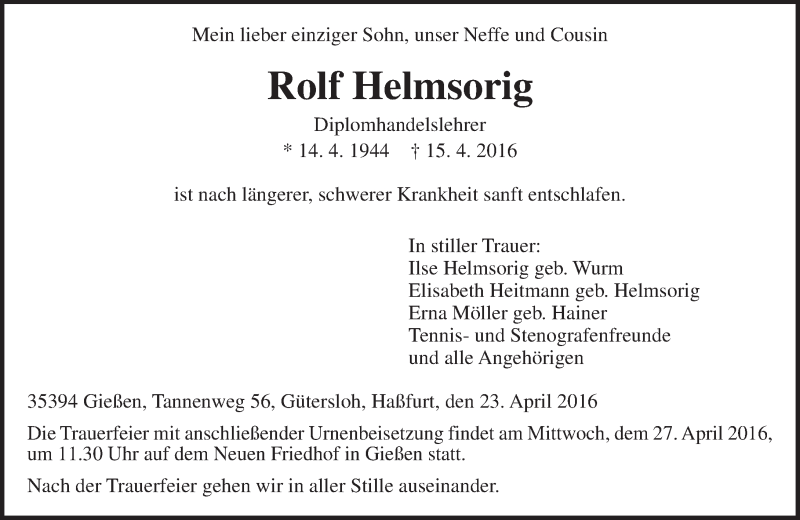  Traueranzeige für Rolf Helmsorig vom 23.04.2016 aus  Gießener Anzeiger
