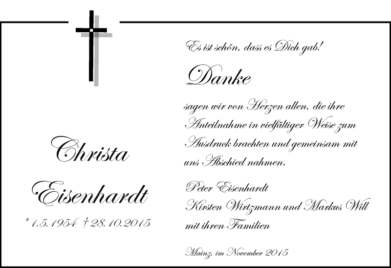  Traueranzeige für Christa Eisenhardt vom 28.11.2015 aus  Allgemeine Zeitung Mainz