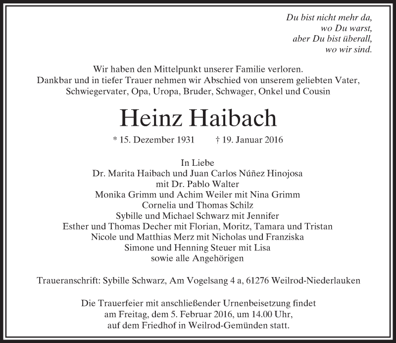  Traueranzeige für Heinz Haibach vom 30.01.2016 aus  Usinger Anzeiger