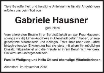Traueranzeige von Gabriele Hausner von  Kreisanzeiger
