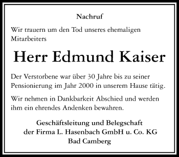 Traueranzeige von Edmund Kaiser von  Camberger Anzeiger