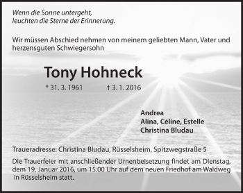 Traueranzeige von Tony Hohneck von  Mainspitze