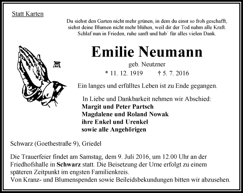  Traueranzeige für Emilie Neumann vom 07.07.2016 aus VRM Trauer