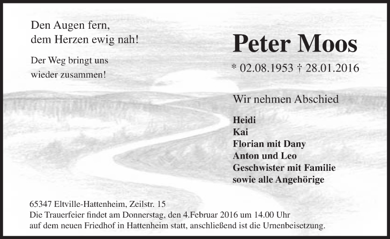  Traueranzeige für Peter Moos vom 01.02.2016 aus  Rheingau