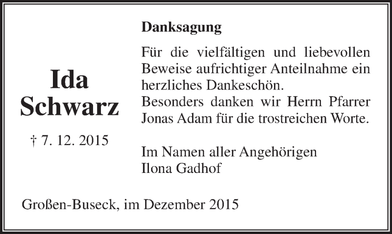  Traueranzeige für Ida Schwarz vom 23.12.2015 aus  Gießener Anzeiger