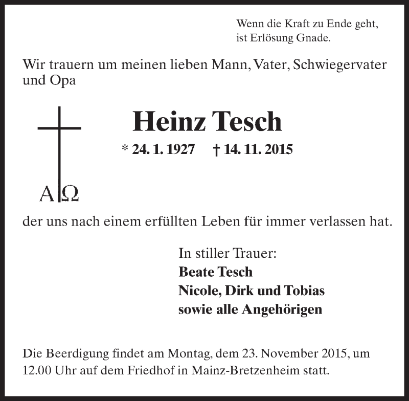  Traueranzeige für Heinz Tesch vom 18.11.2015 aus  Allgemeine Zeitung Mainz