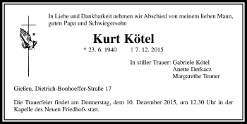 Traueranzeige von Kurt Kötel von  Gießener Anzeiger