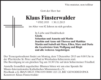 Traueranzeige von Klaus Finsterwalder von  Wiesbaden komplett