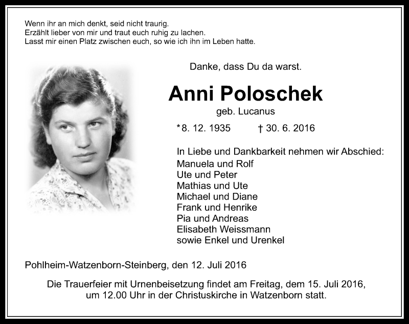  Traueranzeige für Anni Poloschek vom 12.07.2016 aus  Gießener Anzeiger