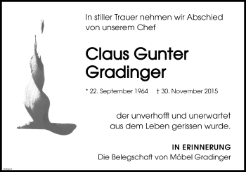 Traueranzeige von Claus Gunter Gradinger von  Wormser Zeitung