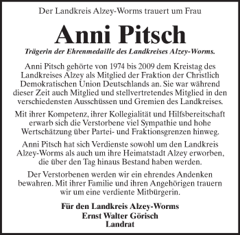 Traueranzeige von Anni Pitsch von trauer.rmp.de